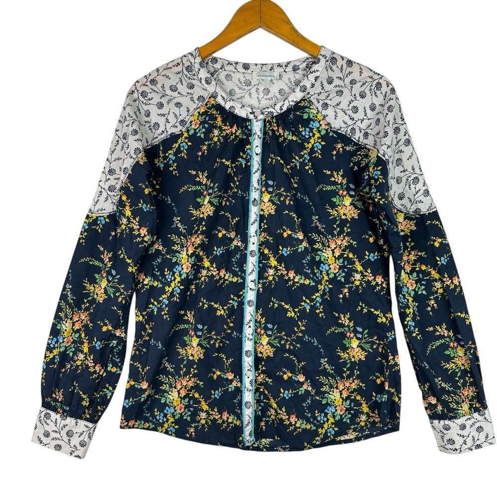 Sundance Stories To Be Told Mixed Media Floral Button Front Blouse Long Sleeve M